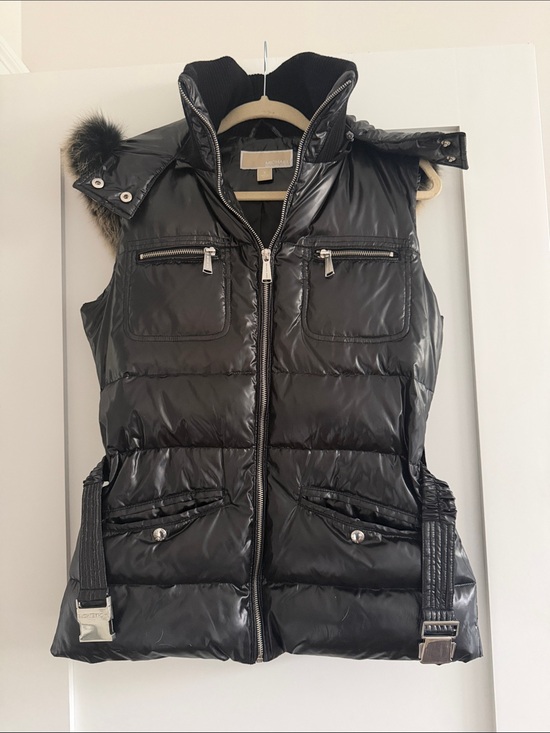 Michael Kors Jackets & Blazers - Michael Kors Black Shiny Quilted Puffer Vest with Faux Fur Hood